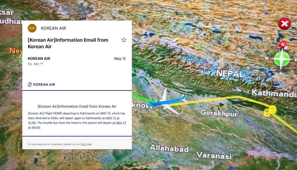 दिल्ली फर्काइएको कोरियन एयरको विमान आज काठमाडौं आउने